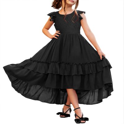 HOSIKA Girls Black Dresses Flutter Sleeve High Waist A-line Long Funeral Dress for 6-13 Years