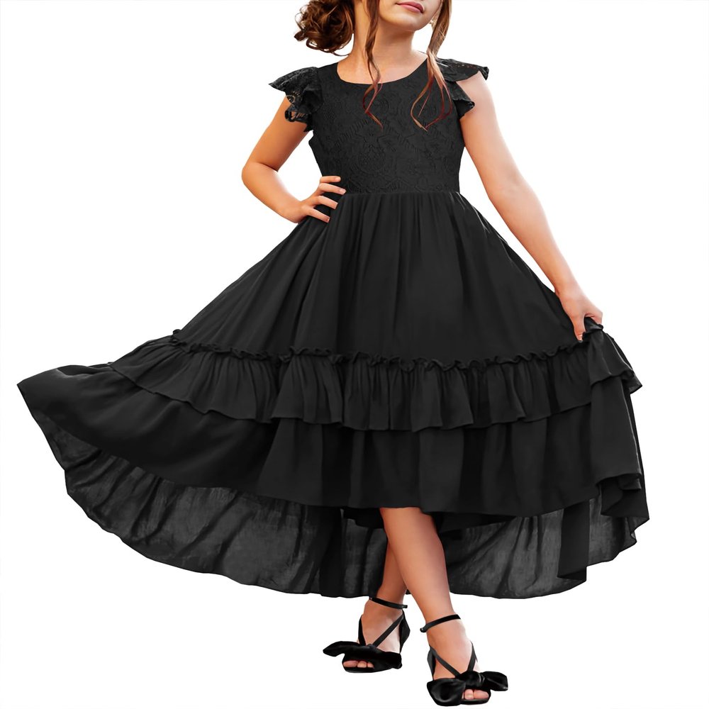 HOSIKA Girls Black Dresses Flutter Sleeve High Waist A-line Long Funeral Dress for 6-13 Years