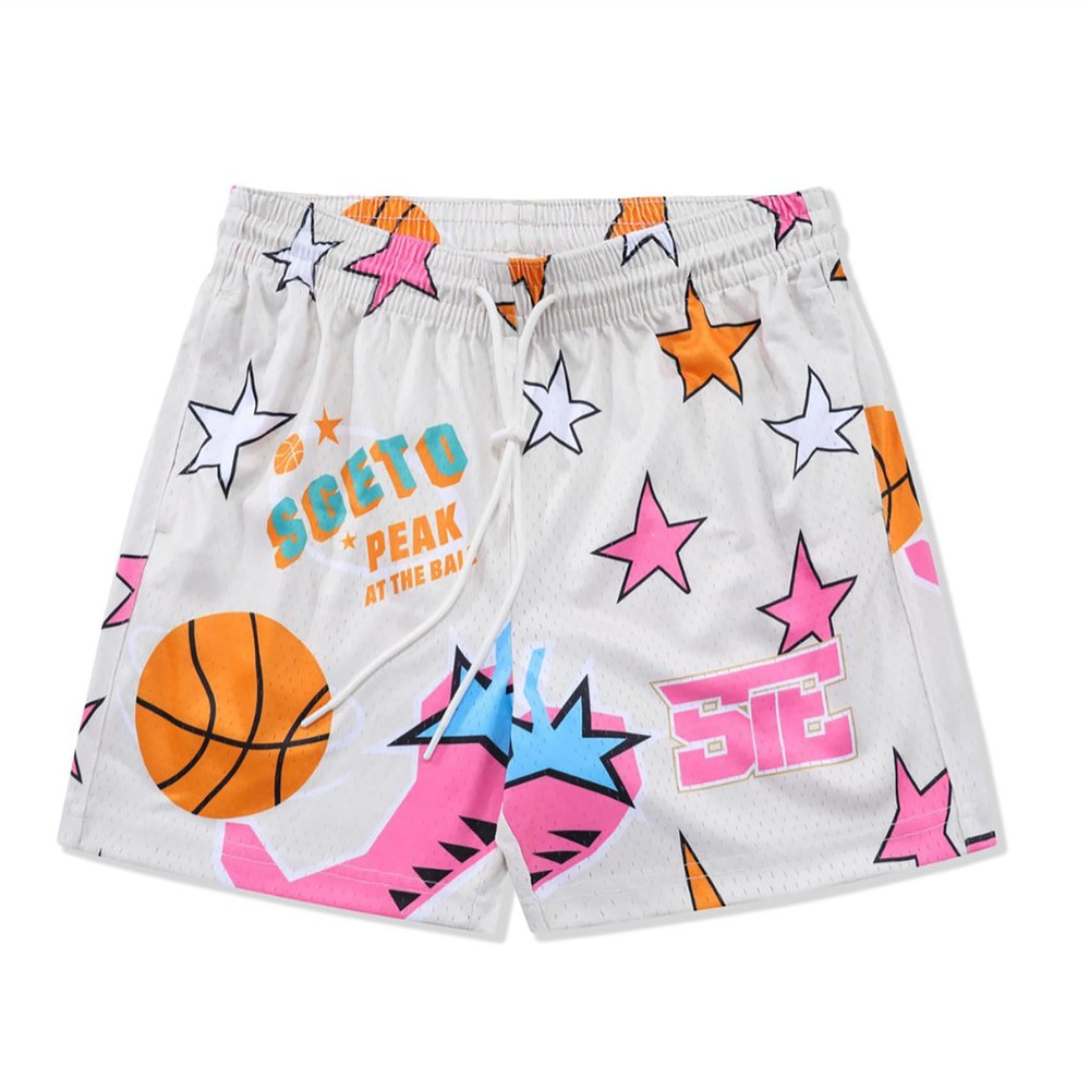 DIOTSR Mens Graphic Basketball Shorts Elastic Waistband Athletic Running Active Shorts Casual Streetwear (01 Star-Cream,Large)