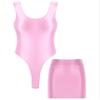 renvena Womens Sleeveless Glossy Bodysuit with Hip Wrap Bodycon Mini Skirt Set Swimsuit Beachwear Pink X-Large view 3