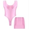 renvena Womens Sleeveless Glossy Bodysuit with Hip Wrap Bodycon Mini Skirt Set Swimsuit Beachwear Pink X-Large view 4