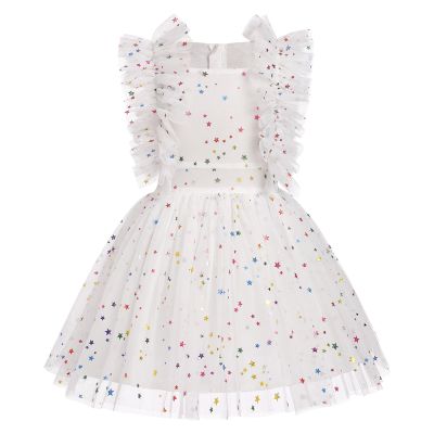 ABEWIP Girls Polka Dots Butterfly Tulle Ruffle Dress Toddler Girl Kids Flutter Sleeve Birthday Party Dresses White Star 100/3-4Y