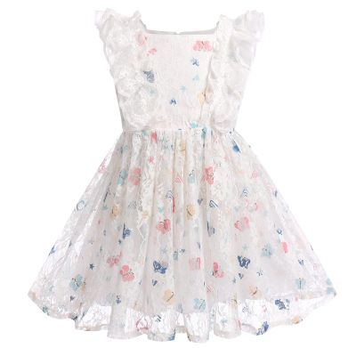 ABEWIP Girls Polka Dots Butterfly Tulle Ruffle Dress Toddler Girl Kids Flutter Sleeve Birthday Party Dresses White 100/3-4Y