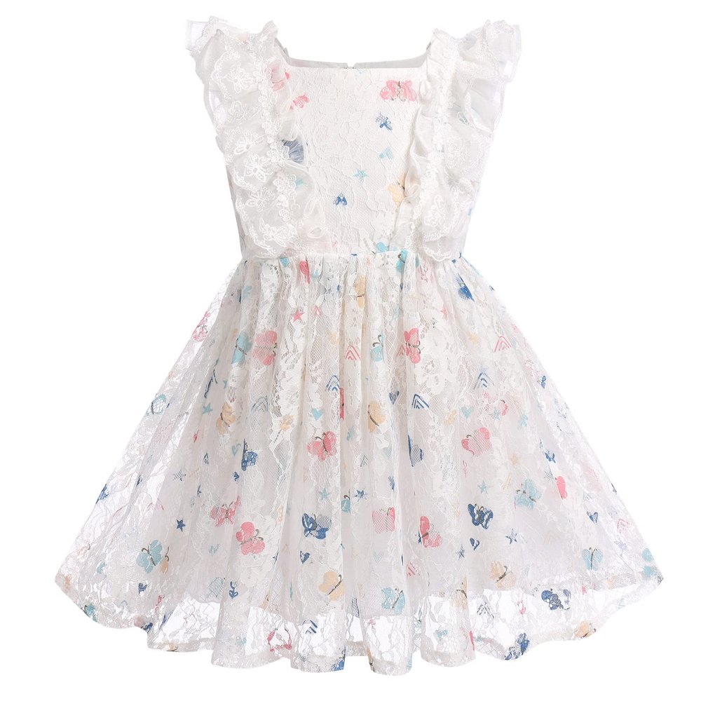 ABEWIP Girls Polka Dots Butterfly Tulle Ruffle Dress Toddler Girl Kids Flutter Sleeve Birthday Party Dresses White 100/3-4Y