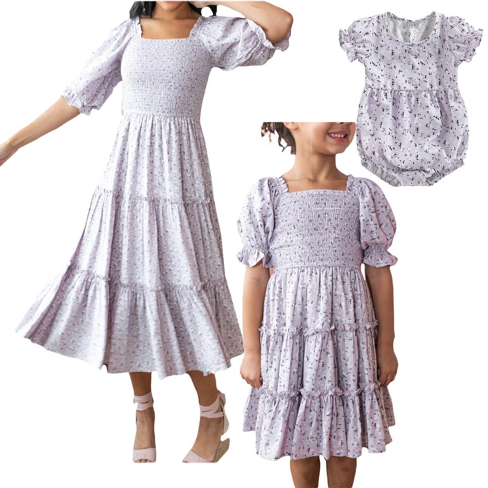 Mommy and Me Matching Dresses Short Sleeve Square Neck Tie Dye Floral Print Dress Family Matching Sundress Outfits (Women, Purple C, M)