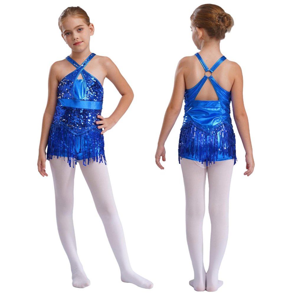 JEATHA Kids Girls Latin Dance Costume Shiny Sequins Tassel Leotard Sleeveless Cutout Fringed Dress Cha-Cha Dancewear Blue 16 Years