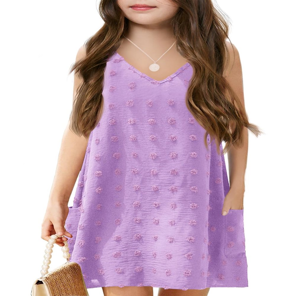 Batermoon Girls Swim Cover Up Swiss Polka Dot Summer Beach Dress V Neck Boho Cute Dresses with Pockets 4-14 Years