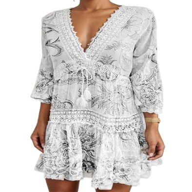 Women Deep V Neck Long Sleeve Boho Floral Midi Dress Plus Size Casual Loose Lace Flowy Swing Beach Vacation Tiered Tunic Sun Dress