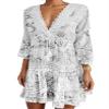 Women Deep V Neck Long Sleeve Boho Floral Midi Dress Plus Size Casual Loose Lace Flowy Swing Beach Vacation Tiered Tunic Sun Dress view 1