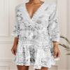Women Deep V Neck Long Sleeve Boho Floral Midi Dress Plus Size Casual Loose Lace Flowy Swing Beach Vacation Tiered Tunic Sun Dress view 2