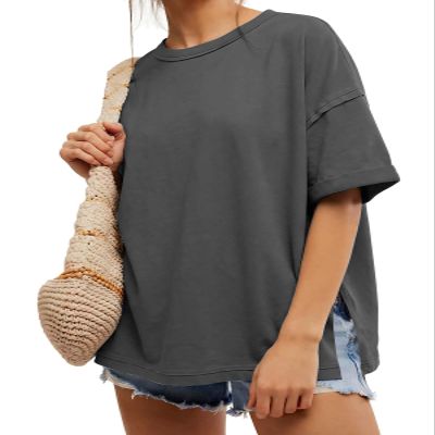 EXLURA Womens Summer Oversized T Shirts 2025 Casual Short Sleeve Loose Maternity Tops Crewneck Tunic Plus Gym Workout Top Dark Grey