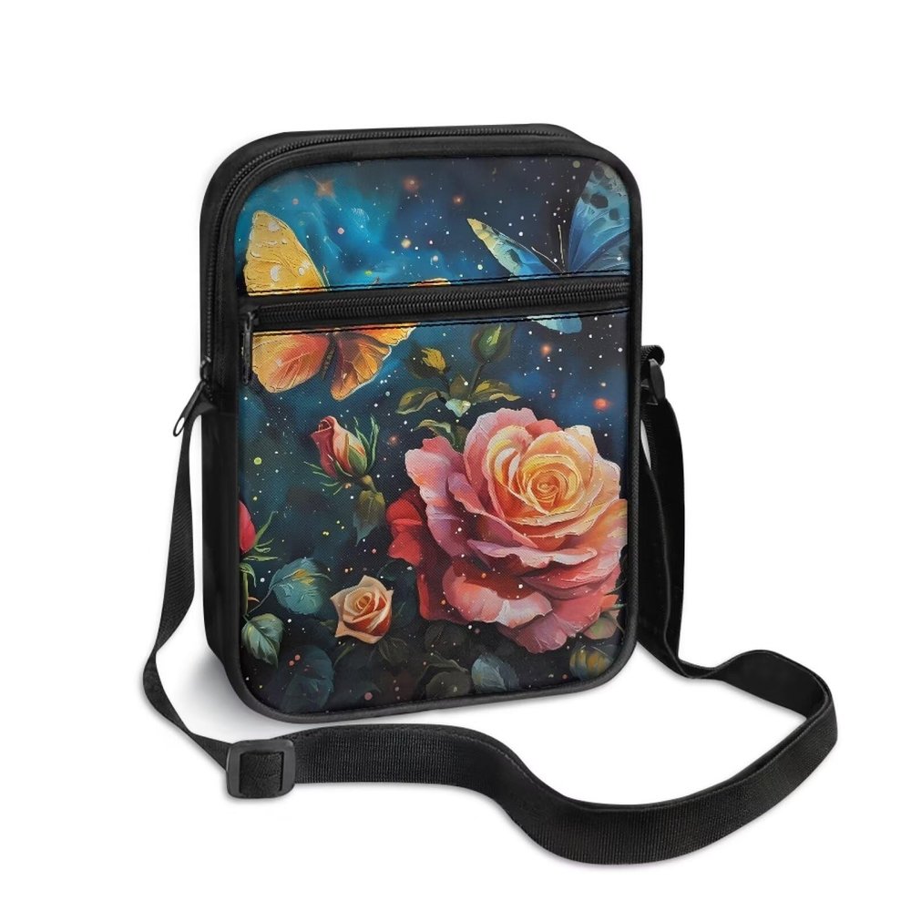 TODIYADDU Rose Butterfly Messenger Bag for Women Floral Galaxy Shoulder Bag with Adjustable Straps Lightweight Sling Purse Chest Bag for Daily Items Portable Crossbody Phone Bag Trendy Handbags
