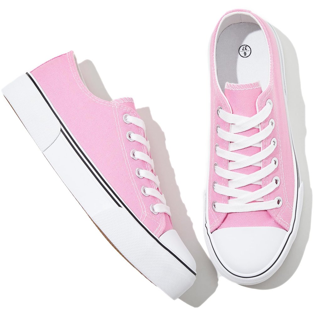 Adokoo Canvas Tennis Shoes for Women Low Top Casual White Bright Pink Sneakers for Women Lace Up Fashion Comfortable Walking Shoes (Bright Pink,7.5)