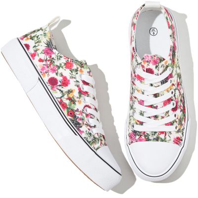 Adokoo Canvas Tennis Shoes for Women Low Top Casual White Flower Sneakers for Women Lace Up Fashion Comfortable Walking Shoes (Flower,9.5)