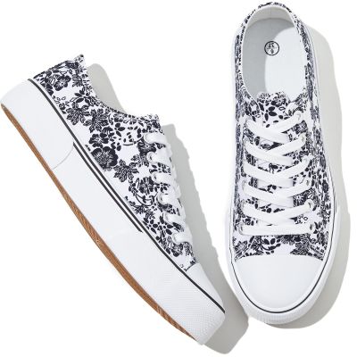 Adokoo Canvas Tennis Shoes for Women Low Top Casual White Beige Flower Sneakers for Women Lace Up Fashion Comfortable Walking Shoes (Beige Flower,10.5)