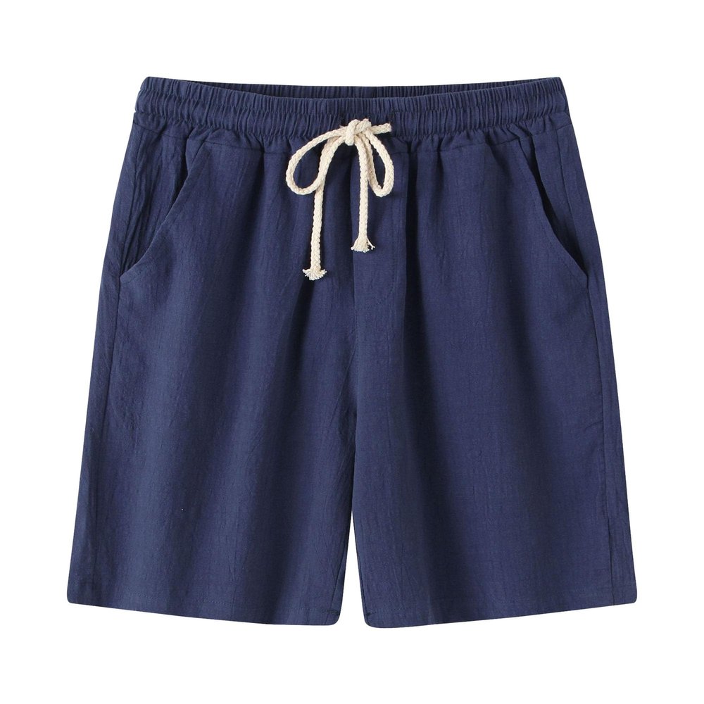Men's Linen Casual Classic Shorts Elastic Waist Summer Beach Short Pants Drawstring with Pockets Lightweight Short (Blue,X-Large)