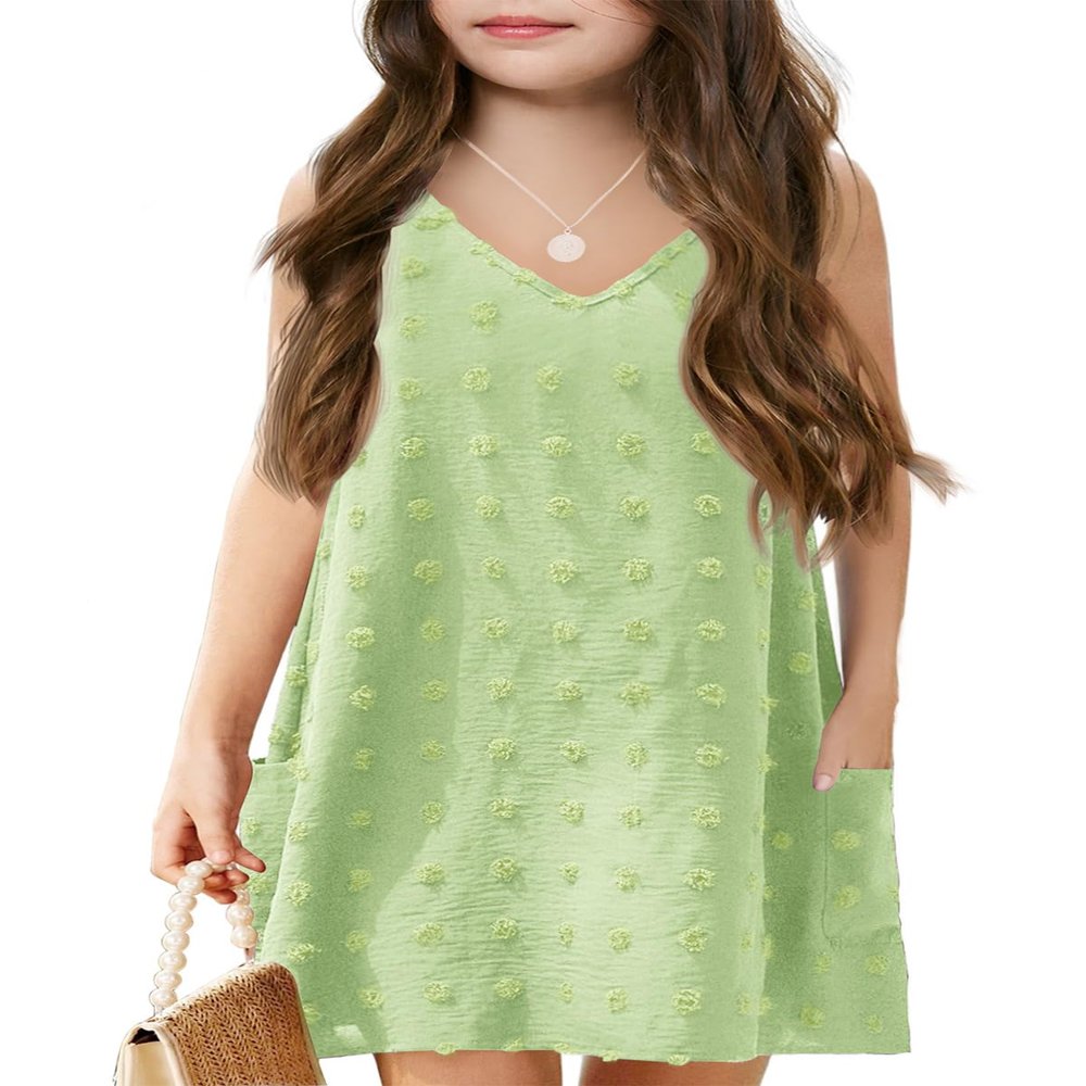 Batermoon Girls Swim Cover Up Swiss Polka Dot Summer Beach Dress V Neck Boho Cute Dresses with Pockets 4-14 Years