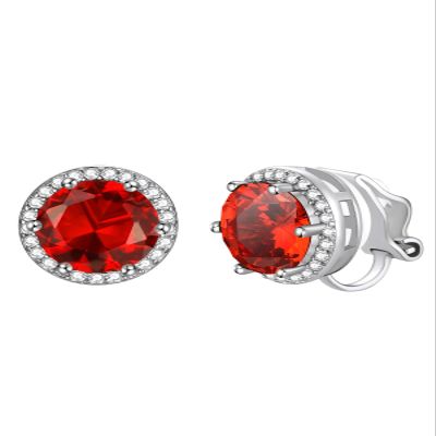 Clip on Earrings for Women Sterling Silver Round Studs Earrings Simulated Ruby Red Rhinestone Crystal Fake Diamond Birthstone Jewelry Birthday Gifts