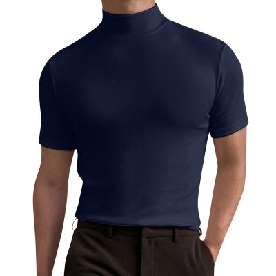Generic Men's Mock Turtleneck T Shirt Solid High Collar Short Sleeve Tops Basic Slim Undershirt Tees Navy, Large