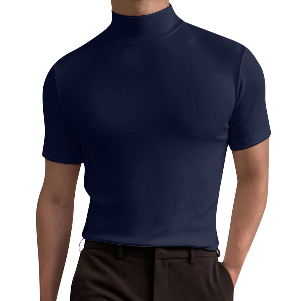 Generic Men's Mock Turtleneck T Shirt Solid High Collar Short Sleeve Tops Basic Slim Undershirt Tees Navy, Large