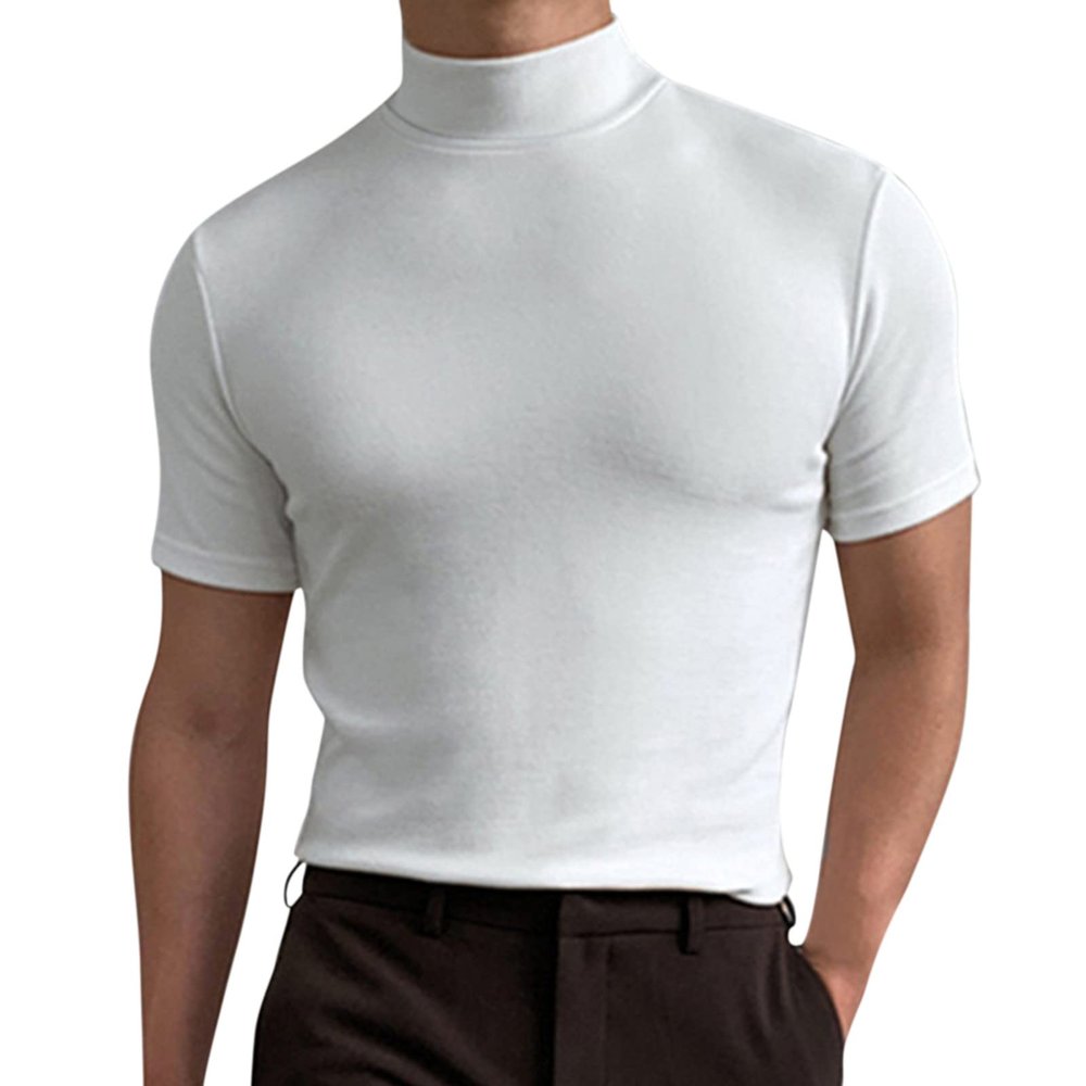 Generic Men's Summer Mock Turtleneck T Shirt Solid High Collar Short Sleeve Tops Basic Slim Undershirt Pullover Tees White, Medium