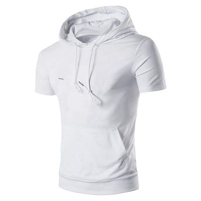 Men's Gym Hoodies Workout T Shirts Lightweight Hooded Tops Muscle Short Sleeve Tees Athletic Blouses with Pockets White