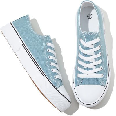 Adokoo Canvas Tennis Shoes for Women Low Top Casual White Lake Green Sneakers for Women Lace Up Fashion Comfortable Walking Shoes (Lake Green,10.5)
