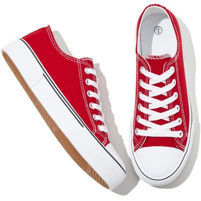 Adokoo Canvas Tennis Shoes for Women Low Top Casual White Red Sneakers for Women Lace Up Fashion Comfortable Walking Shoes (Red,6.5)