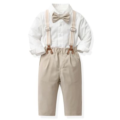 CORATED Toddler Dress Suits Baby Boys Clothes Sets Bowtie Shirts Suspenders Pants 4pcs Gentleman Outfits Suit 6 Month 6 Years (w-beige,3T)