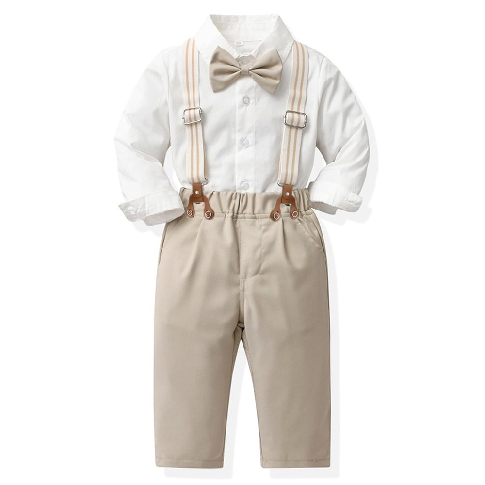 CORATED Toddler Dress Suits Baby Boys Clothes Sets Bowtie Shirts Suspenders Pants 4pcs Gentleman Outfits Suit 6 Month 6 Years (w-beige,3T)