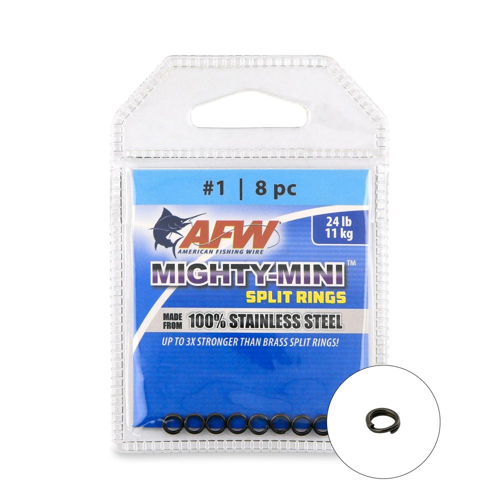 American Fishing Wire Mighty Mini Stainless Steel Split Ring, Size #1, 24 lb Test, Gunmetal Black, 8 pc