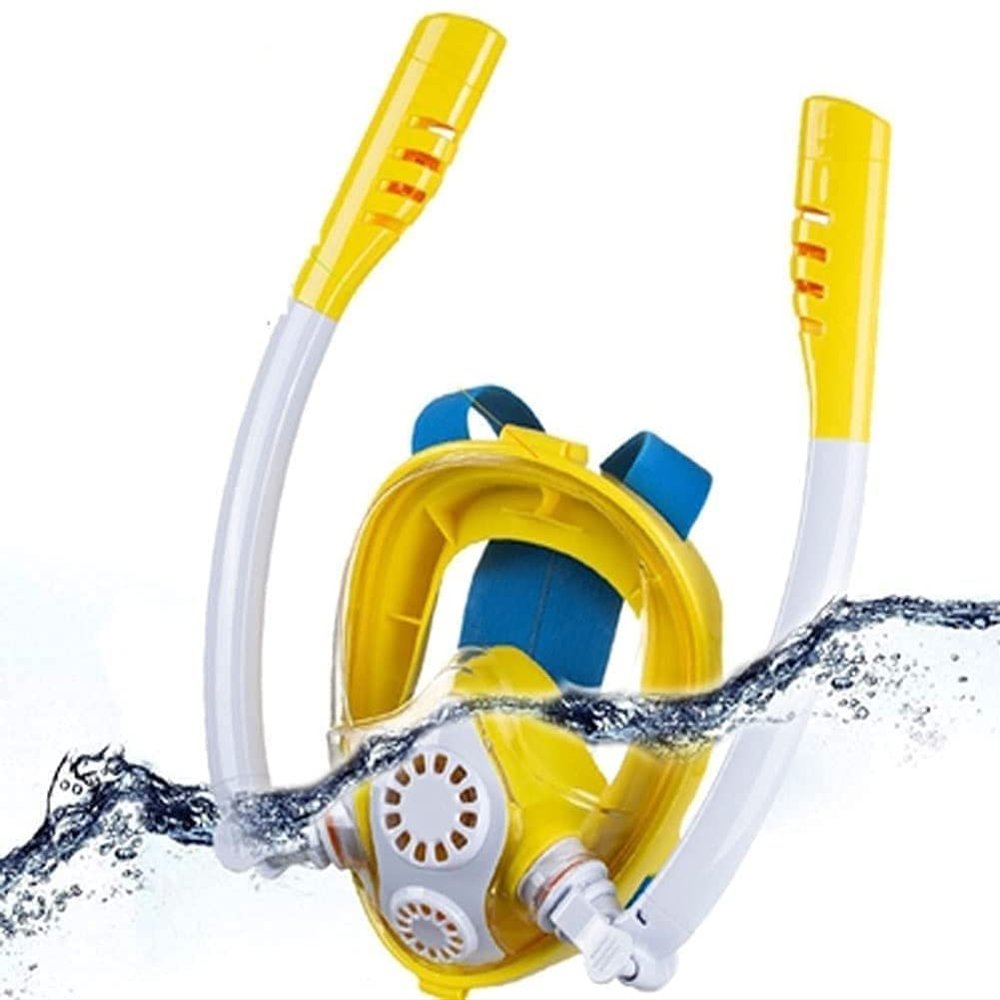 GeRRiT Diving Goggles Full Face Snorkel Full Face Snorkel Mask Safe Breathing 180 Panoramic Diving Mask with Dry Top System Anti-Leak Double Tubes Snorkeling Sets for Child, Yellow