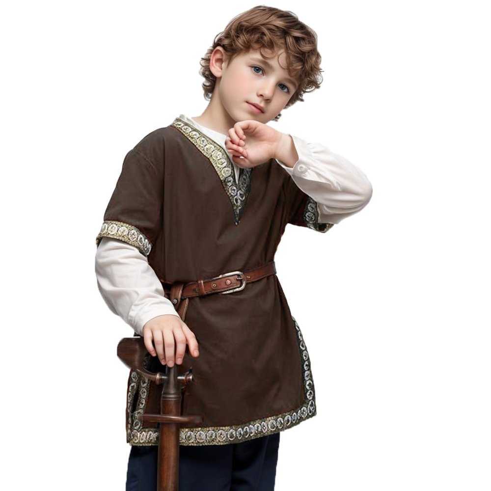 CAMDOM Boys Renaissance Viking Pirate V Neck Shirt Medieval Knight Costume Tops Brown