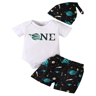 Baby Boy 1st Birthday Outfit Infant Boy First Birthday Clothes Set Boy Astronauts Cake Smash Bodysuit (White-Short,12-18 Months)