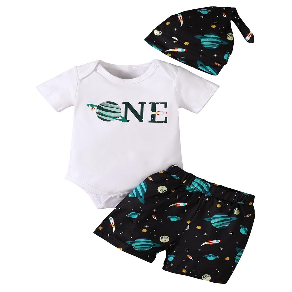 Baby Boy 1st Birthday Outfit Infant Boy First Birthday Clothes Set Boy Astronauts Cake Smash Bodysuit (White-Short,12-18 Months)