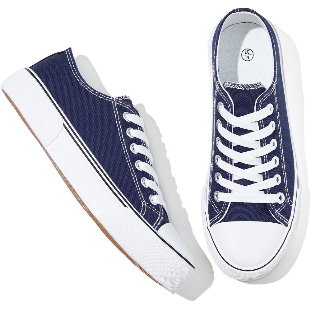 Adokoo Canvas Tennis Shoes for Women Low Top Casual White Navy Sneakers for Women Lace Up Fashion Comfortable Walking Shoes (Navy,7.5)