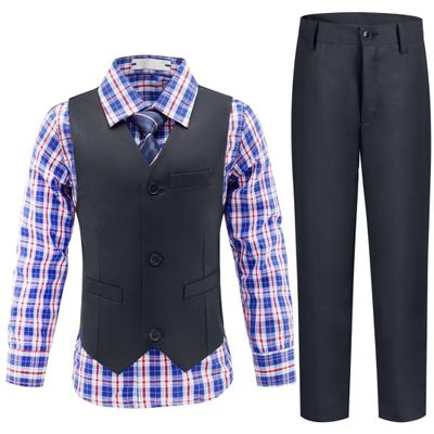 Boy's Suits Dark Gray Kids Dress Vest Pants Set Ring Bearer Outfit Plaid Shirt Graduation Suit Size 7