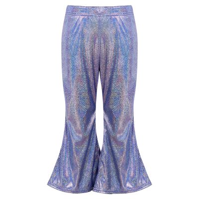 Sinleey Baby High Waist Shiny Metallic Bell Bottoms Girls Kids Flared Pants Ruffled Wide Leg Trousers Casual Wear Royal Blue 2-3 Years