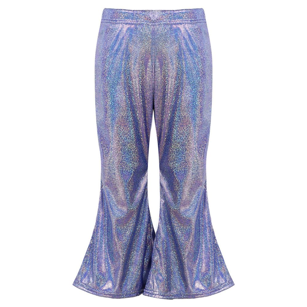 Sinleey Baby High Waist Shiny Metallic Bell Bottoms Girls Kids Flared Pants Ruffled Wide Leg Trousers Casual Wear Royal Blue 2-3 Years