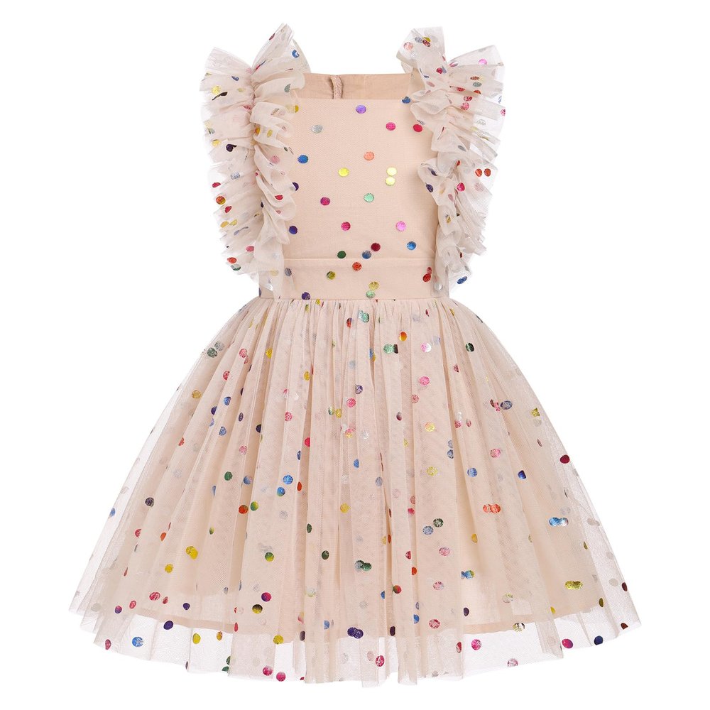 ABEWIP Girls Polka Dots Butterfly Tulle Ruffle Dress Toddler Girl Kids Flutter Sleeve Birthday Party Dresses Apricot Polka Dots 120/5-6Y