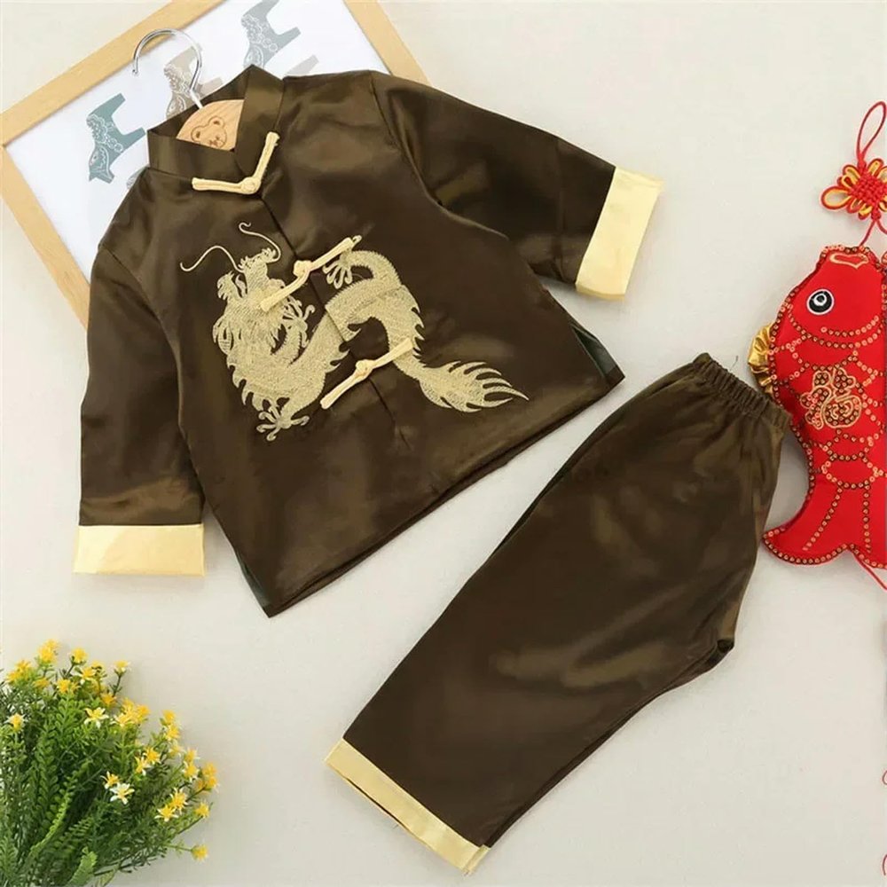 JIMINISO Chinese Style Dragon Tang Suit Party Festival Outfit Kung Fu Wushu Top Pants Set Uniform Costume Gift, Kids12(125-130cm)