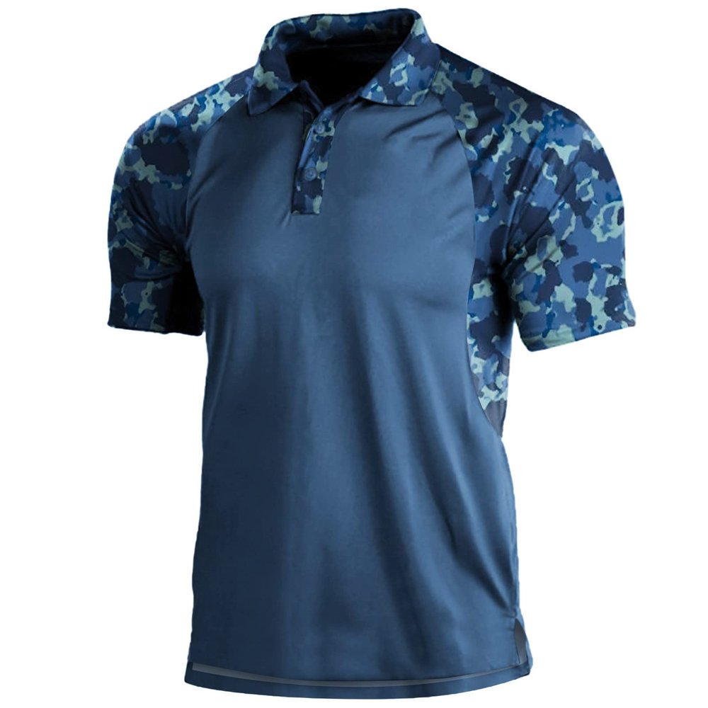 GOKKILRW Summer T Shirts for Men Short Sleeve Button Up Camo Polo Shirts Casual Raglan Printed Soft Lightweight Moisture Wicking Quick Dry Military Tops for Fishing Hunting
