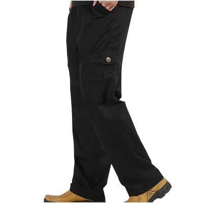 Cargo Pants for Men Elastic Waist Casual Multi Pockets Classic Straight Type Work Pants Outdoor Hiking Twill Cotton Trousers