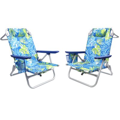 OFIKA Backpack Beach Chairs for Adults, Folding Beach Chairs with 5 Adjustable Positions,Camping Chairs with Headrest,Towel Rack,Large Pockets and Cup Holder,Supports up to 300lbs (Blue Leaf, 2pack)