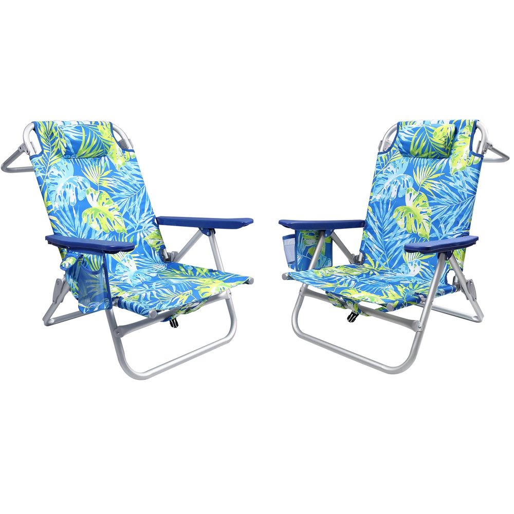OFIKA Backpack Beach Chairs for Adults, Folding Beach Chairs with 5 Adjustable Positions,Camping Chairs with Headrest,Towel Rack,Large Pockets and Cup Holder,Supports up to 300lbs (Blue Leaf, 2pack)