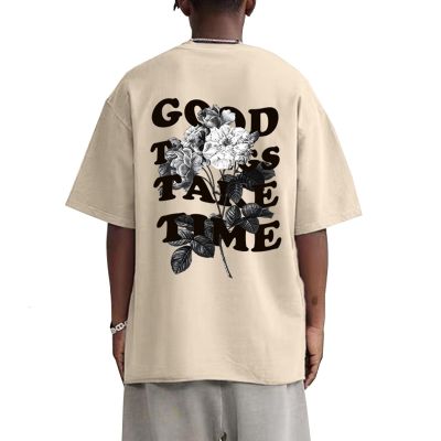 Werbavi Vintage Graphic Tees for Men Oversized Floral Letter Print Retro Streetwear T Shirts Casual Loose Fit Cotton Tops Short Sleeve Crew Neck T Shirt(Apricot,L)