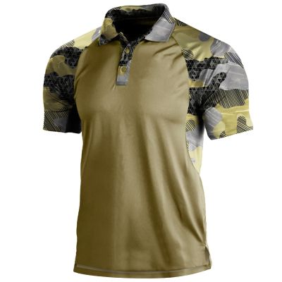 GOKKILRW Summer T Shirts for Men Short Sleeve Button Up Camo Polo Shirts Casual Raglan Printed Soft Lightweight Moisture Wicking Quick Dry Military Tops for Fishing Hunting