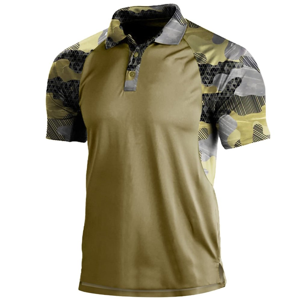 GOKKILRW Summer T Shirts for Men Short Sleeve Button Up Camo Polo Shirts Casual Raglan Printed Soft Lightweight Moisture Wicking Quick Dry Military Tops for Fishing Hunting