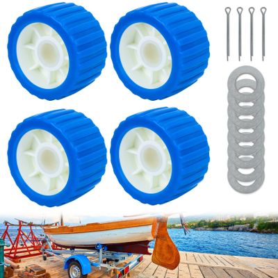 BALAVA Boat Wobble Roller 5"x3", Boat Trailer Roller Marine Ribbed Wobble Roller Boat Trailer Wobble Roller Assembly with Washers and pins for Boat Yacht Trailer (Blue,4 Pack)