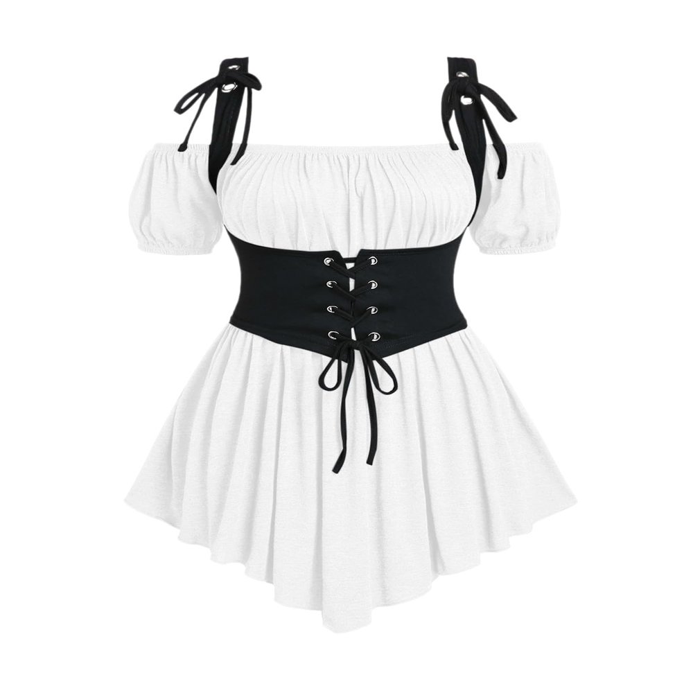 ROSE GAL Women Plus Size Gothic Off The Shoulder Top Set Lacee-up Medieval Renaissance Underbust Corset Top Renaissance Costume Tunic Top(White_5/1X)